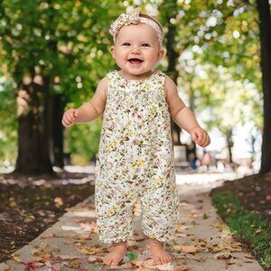 Janie and Jack Girl's Floral Corduroy One Piece Jumpsuit Smocking Pants Romper